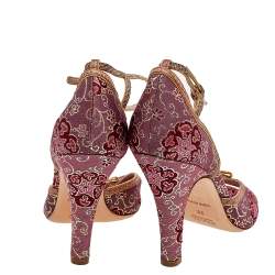 Prada Pink/Brown Brocade Fabric And Lizard Leather Ankle Strap Sandals Size 38