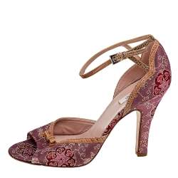 Prada Pink/Brown Brocade Fabric And Lizard Leather Ankle Strap Sandals Size 38