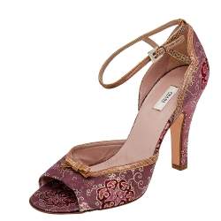Prada Pink/Brown Brocade Fabric And Lizard Leather Ankle Strap Sandals Size 38