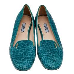 Pre Owned Prada Green Croc Embossed Leather Ballet Flats Size 40