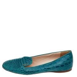 Pre Owned Prada Green Croc Embossed Leather Ballet Flats Size 40
