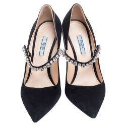 Pre Owned Prada Black Suede Crystal Embellished Pointed Toe Pumps Size 39