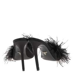 Pre Owned Prada Black Satin And Feather Slide Sandals Size 38