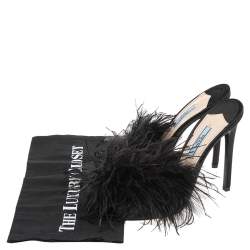 Pre Owned Prada Black Satin And Feather Slide Sandals Size 38