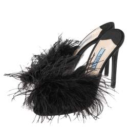 Pre Owned Prada Black Satin And Feather Slide Sandals Size 38