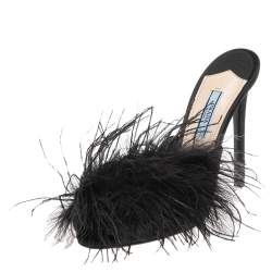 Pre Owned Prada Black Satin And Feather Slide Sandals Size 38