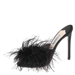Pre Owned Prada Black Satin And Feather Slide Sandals Size 38