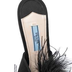 Pre Owned Prada Black Satin And Feather Slide Sandals Size 38