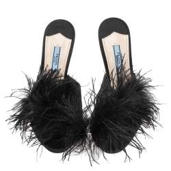 Pre Owned Prada Black Satin And Feather Slide Sandals Size 38