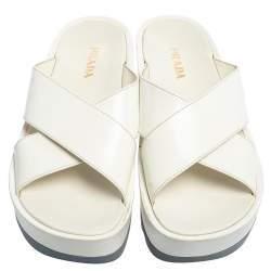 Prada White Leather Criss Cross Platform Slide Sandals Size 40
