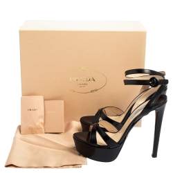 Pre Owned Prada Black Patent Leather Criss Cross Ankle-Strap Platform Sandals Size 38