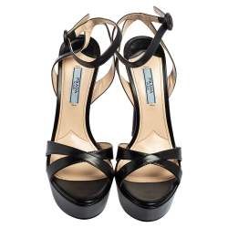 Pre Owned Prada Black Patent Leather Criss Cross Ankle-Strap Platform Sandals Size 38