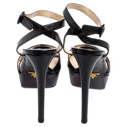 Pre Owned Prada Black Patent Leather Criss Cross Ankle-Strap Platform Sandals Size 38