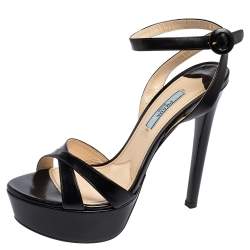 Pre Owned Prada Black Patent Leather Criss Cross Ankle-Strap Platform Sandals Size 38