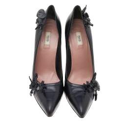 Pre Owned Prada Black Leather Floral Embellished Pumps Size 38.5