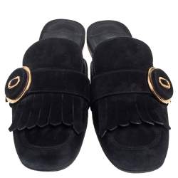 Prada Black Suede Kiltie Fringed Flat Mules Size 40