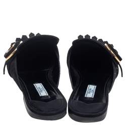 Prada Black Suede Kiltie Fringed Flat Mules Size 40