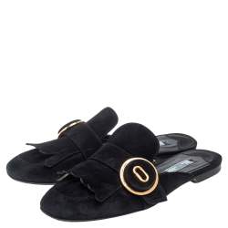 Prada Black Suede Kiltie Fringed Flat Mules Size 40