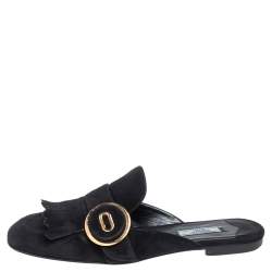 Prada Black Suede Kiltie Fringed Flat Mules Size 40