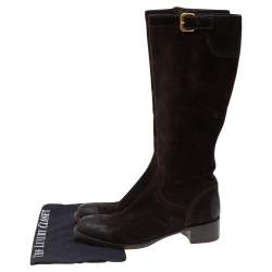 Pre Owned Prada Dark Brown Suede Block Heel Knee Length Boots Size 38