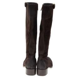 Pre Owned Prada Dark Brown Suede Block Heel Knee Length Boots Size 38