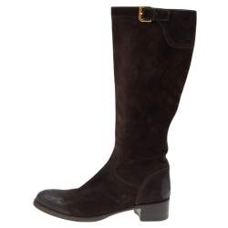 Pre Owned Prada Dark Brown Suede Block Heel Knee Length Boots Size 38