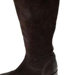 Pre Owned Prada Dark Brown Suede Block Heel Knee Length Boots Size 38