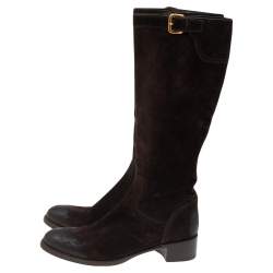 Pre Owned Prada Dark Brown Suede Block Heel Knee Length Boots Size 38