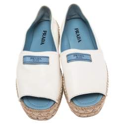 Pre Owned Prada White Leather Peep Toe Platform Espadrilles Size 38.5