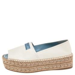 Pre Owned Prada White Leather Peep Toe Platform Espadrilles Size 38.5