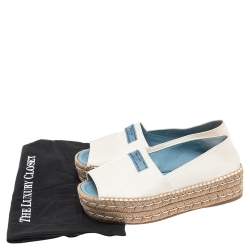 Pre Owned Prada White Leather Peep Toe Platform Espadrilles Size 38.5