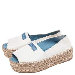Pre Owned Prada White Leather Peep Toe Platform Espadrilles Size 38.5