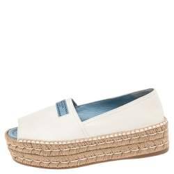 Pre Owned Prada White Leather Peep Toe Platform Espadrilles Size 38.5