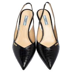 Pre Owned Prada Black Croc Embossed Leather Slingback Pointed-Toe Pumps Size 39.5