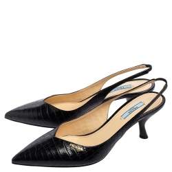 Pre Owned Prada Black Croc Embossed Leather Slingback Pointed-Toe Pumps Size 39.5