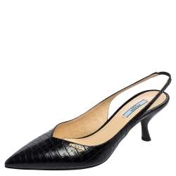 Pre Owned Prada Black Croc Embossed Leather Slingback Pointed-Toe Pumps Size 39.5