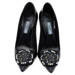 Pre Owned Prada Black Patent Leather Embellished Pointed Toe Pumps Size 36.5