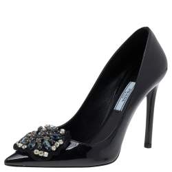 Pre Owned Prada Black Patent Leather Embellished Pointed Toe Pumps Size 36.5