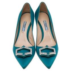 Prada Blue Satin Crystal Embellished Pointed Toe Pumps Size 39.5