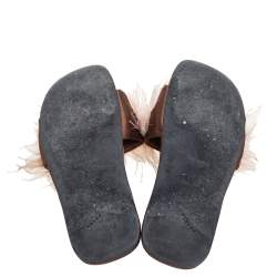Pre Owned Prada Brown Satin Ostrich Feather Embellished Flat Sandals Size 38.5