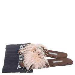 Pre Owned Prada Brown Satin Ostrich Feather Embellished Flat Sandals Size 38.5