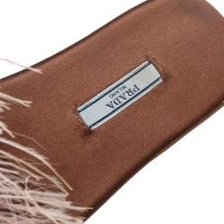 Pre Owned Prada Brown Satin Ostrich Feather Embellished Flat Sandals Size 38.5