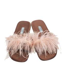 Pre Owned Prada Brown Satin Ostrich Feather Embellished Flat Sandals Size 38.5