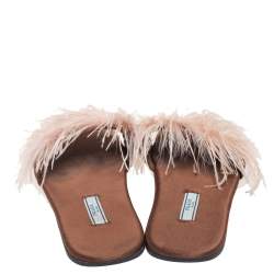 Pre Owned Prada Brown Satin Ostrich Feather Embellished Flat Sandals Size 38.5
