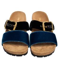 Pre Owned Prada Black/Blue Velvet Slide Flat Sandals Size 40