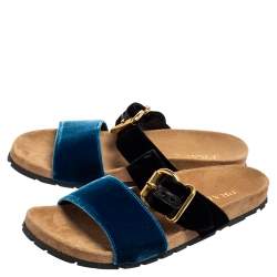 Pre Owned Prada Black/Blue Velvet Slide Flat Sandals Size 40