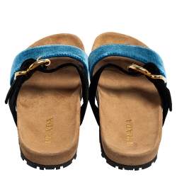 Pre Owned Prada Black/Blue Velvet Slide Flat Sandals Size 40