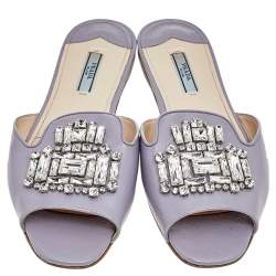 Prada Lilac Saffiano Patent Leather Crystal Embellished Slide Sandals Size 40