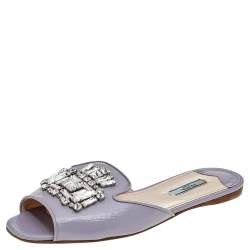 Prada Lilac Saffiano Patent Leather Crystal Embellished Slide Sandals Size 40