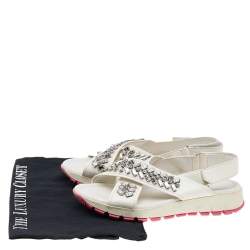Pre Owned Prada White Leather Crystal Embellished Slingback Flat Sandals Size 35